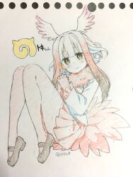 Rule 34 | 1girl, absurdres, black footwear, blush stickers, closed mouth, commentary request, frilled sleeves, frills, full body, gloves, gradient hair, head wings, highres, interlocked fingers, jacket, japanese crested ibis (kemono friends), japari symbol, kemono friends, knees up, kusumoto shizuru, long sleeves, looking at viewer, multicolored hair, own hands clasped, own hands together, panties, pleated skirt, red gloves, red hair, red panties, red skirt, shoes, skirt, smile, solo, traditional media, twitter username, underwear, white hair, white jacket, white wings, wings, yellow eyes