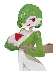 Rule 34 | 1girl, absurdres, blush, bob cut, grabbing another&#039;s breast, breasts, collarbone, colored skin, creatures (company), disembodied hand, female focus, game freak, gardevoir, gen 3 pokemon, grabbing, green hair, green skin, hair over one eye, half-closed eyes, happy, highres, large breasts, light blush, looking back, multicolored skin, my700, nintendo, nose blush, one eye covered, open mouth, pokemon, pokemon (creature), red eyes, shiny skin, short hair, sideways mouth, sketch, smile, solo focus, standing, two-tone skin, upper body, white skin