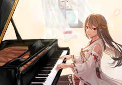 Rule 34 | 1girl, brown eyes, brown hair, brown thighhighs, curtains, detached sleeves, hair between eyes, hair ornament, hairclip, haruna (kancolle), headgear, instrument, kantai collection, long hair, looking back, music, nontraditional miko, petals, piano, piano keys, playing instrument, playing piano, signature, thighhighs, wind, window, wss (nicoseiga19993411)