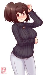 Rule 34 | 1girl, alternate costume, artist logo, black sweater, blush, breast hold, breasts, brown eyes, brown hair, dated, hair between eyes, hand to head, highres, ise (kancolle), jewelry, kanon (kurogane knights), kantai collection, large breasts, long sleeves, looking at viewer, necklace, open mouth, pants, ponytail, ribbed sweater, short hair, signature, simple background, solo, sweatdrop, sweater, turtleneck, turtleneck sweater, white background, white pants