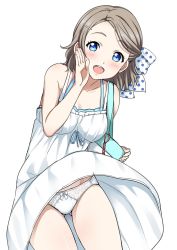 Rule 34 | 10s, 1girl, :d, arm up, bag, bare shoulders, blue eyes, blush, bow, bow panties, breasts, brown hair, dress, gluteal fold, hair bow, hair ornament, hairclip, half updo, highres, lace, lace panties, looking at viewer, love live!, love live! sunshine!!, medium breasts, open mouth, panties, pantyshot, polka dot, polka dot bow, sankuro (agoitei), short hair, simple background, smile, solo, standing, sundress, underwear, watanabe you, white background, white dress, white panties, wind, wind lift