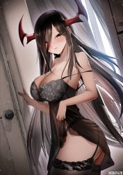 Rule 34 | 1girl, azur lane, bare shoulders, black hair, blush, breasts, cleavage, clothes lift, friedrich der grosse (azur lane), gdat, highres, horns, large breasts, lingerie, long hair, looking at viewer, mechanical horns, red horns, smile, solo, thighs, underwear, very long hair, yellow eyes