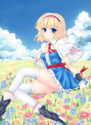 Rule 34 | 1girl, alice margatroid, blonde hair, blue eyes, blush, breasts, capelet, cleavage, dress, female focus, fred0092, hairband, highres, looking at viewer, short hair, smile, solo, thighhighs, touhou, white thighhighs, wrist cuffs