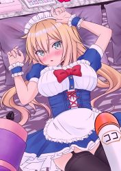 Rule 34 | 1girl, absurdres, akai haato, akai haato (1st costume), arms up, black thighhighs, blonde hair, blush, bow, commentary request, corset, crying, crying with eyes open, dress, garter straps, gola, hair between eyes, head on pillow, highres, hololive, looking at viewer, lying, maid, maid headdress, on back, parted lips, pillow, red bow, short sleeves, tears, thighhighs, virtual youtuber, wrist cuffs