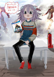 Rule 34 | 1girl, alternate costume, anthem (game), backlighting, black eyes, black pants, blue sweater, d-pad, d-pad hair ornament, english text, fire extinguisher, full body, game screenshot inset, grey sweater, hair ornament, hand on lap, hand up, highres, holding, jewelry, kokaki mumose, light blush, long sleeves, medium hair, multicolored clothes, multicolored sweater, necklace, neptune (neptunia), neptune (series), open mouth, pants, purple hair, red socks, red sweater, shadow, sitting, sitting on table, smile, socks, solo, spalding, sweater, track pants, translation request, video game, video game cover (object), wooden floor