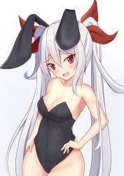 Rule 34 | 1girl, animal ears, azur lane, bad id, bad pixiv id, bare legs, bare shoulders, black leotard, blush, breasts, charite, collarbone, commentary request, cowboy shot, fake animal ears, fang, grey background, hair between eyes, hair ribbon, hand on own hip, head tilt, leotard, long hair, looking at viewer, medium breasts, navel, open mouth, playboy bunny, rabbit ears, red eyes, red ribbon, ribbon, sidelocks, silver hair, simple background, skin fang, smile, solo, standing, twintails, vampire (azur lane), very long hair