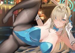 Rule 34 | 1girl, animal ears, aqua leotard, asuna (blue archive), asuna (bunny) (blue archive), asymmetrical bangs, bare shoulders, blonde hair, blue archive, blue bow, blue bowtie, blue leotard, bow, bowtie, breasts, cleavage, detached collar, fake animal ears, foot out of frame, gloves, hair over one eye, halo, highleg, highleg leotard, highres, kakumayu, large breasts, leg up, legs, leotard, light brown hair, long hair, looking at viewer, lying, mole, mole on breast, no shoes, official alternate costume, on side, pantyhose, playboy bunny, rabbit ears, smile, solo, spread legs, strapless, strapless leotard, thighband pantyhose, toenails, toes, traditional bowtie