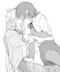 Rule 34 | 2girls, ahoge, bocchi the rock!, bow, bowtie, collared shirt, commentary, desk, earrings, greyscale, hashtag-only commentary, highres, holding another&#039;s wrist, ijichi nijika, jacket, jewelry, kiss, layered sleeves, long hair, long sleeves, medium hair, monochrome, multiple girls, neck ribbon, on desk, pantyhose, pleated skirt, ribbon, school desk, school uniform, shimokitazawa high school uniform, shinota12, shirt, short over long sleeves, short sleeves, sitting, skirt, stud earrings, tongue, yamada ryo, yuri