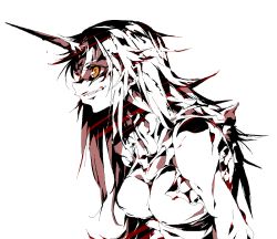 Rule 34 | 1girl, blood, brown theme, clenched teeth, drop, from side, high contrast, horns, hoshiguma yuugi, kugimiya atsuki, long hair, looking away, monochrome, muscular, muscular female, orange eyes, profile, red theme, simple background, single horn, sleeveless, solo, spot color, teeth, torn clothes, touhou, upper body, white background, white theme