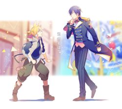Rule 34 | 2boys, band uniform, belt, blonde hair, blue eyes, blue hair, blue jacket, blue pants, blue shirt, blurry, blurry background, boots, commentary, epaulettes, green pants, hand on own chin, headphones, jacket, kagamine len, kaito (vocaloid), looking at another, male focus, multiple boys, pants, project sekai, shirt, short ponytail, sinaooo, spiked hair, translated, uniform, vest, vivid bad squad len, vocaloid, walking, wonderlands x showtime kaito