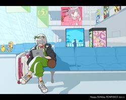 Rule 34 | 1girl, 3boys, airport, animal ears, animal nose, anniversary, aoi ch., bald, banner, billboard, black eyes, blunt bangs, cameo, chancho, closed eyes, closed mouth, colored skin, commentary request, computer, crossed legs, dated, down jacket, fairys (vtuber), fuji aoi, gatchmanv, green overalls, happy birthday, highres, hoshizaki tia, indie virtual youtuber, indoors, jacket, jacket on shoulders, kikunojo (fuji aoi), laptop, leaf, leaf on head, letterboxed, mimic (vtuber), mochi hiyoko, mochipro, mode aim, multiple boys, omega rei, omega rio, omega sisters, open mouth, peanuts-kun, ponpoko (vtuber), raccoon ears, raccoon girl, raccoon tail, saeki yahiro, shadow, shoes, short hair, sitting, smile, sneakers, suitcase, tail, toyano (ttoyano), typing, virtual youtuber, white footwear, wide shot, yellow skin