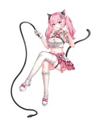 Rule 34 | 1girl, absurdres, animal ears, bare shoulders, bell, bow, bowtie, breasts, cat ears, cat girl, cat tail, cleavage, crop top, crossed legs, detached sleeves, fishnet socks, fishnets, frilled shirt, frills, gloves, hair ornament, hairclip, hands up, highres, holding, jingle bell, koy (4767269), large breasts, long hair, looking at viewer, midriff, miniskirt, navel, open mouth, original, pink hair, pink skirt, puffy short sleeves, puffy sleeves, red eyes, shirt, shoes, short sleeves, simple background, single thighhigh, sitting, skirt, sleeveless, sleeveless shirt, smile, socks, solo, stomach, tail, thigh strap, thighhighs, thighs, twintails, whip, white background, white footwear, white gloves, white shirt, white thighhighs
