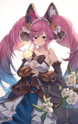 Rule 34 | 1girl, bare shoulders, bell, blue hair, brown eyes, cleo (dragalia lost), detached sleeves, dragalia lost, dress, flat chest, flower, frown, glowing, hair bell, hair ornament, hair ribbon, highres, looking at viewer, nintendo, pink hair, purple eyes, ribbon, siki 00, simple background, solo, standing, twintails, wand, white background