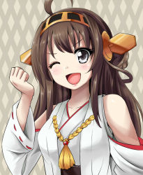 Rule 34 | &gt;;d, 10s, 1girl, ;d, ahoge, black eyes, brown hair, detached sleeves, hairband, kantai collection, kayama kenji, kongou (kancolle), long hair, one eye closed, open mouth, ribbon-trimmed sleeves, ribbon trim, smile, solo, v-shaped eyebrows, wink