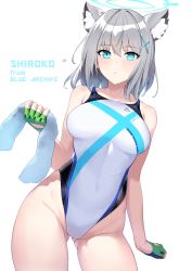 Rule 34 | 1girl, animal ear fluff, animal ears, blue archive, blue eyes, cat ears, character name, competition swimsuit, contrapposto, cowboy shot, fingerless gloves, gloves, gluteal fold, green gloves, grey hair, hair ornament, halcon, heart, highres, looking at viewer, one-piece swimsuit, shiroko (blue archive), simple background, solo, swimsuit, thigh gap, white background, white one-piece swimsuit