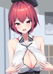 Rule 34 | 1girl, absurdres, bare shoulders, blush, breasts, cleavage, fang, heterochromia, highres, hololive, houshou marine, houshou marine (businesswoman), large breasts, looking at viewer, nai (cnoadi8), open mouth, red eyes, red hair, short hair, solo, virtual youtuber, yellow eyes
