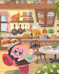 Rule 34 | basket, blue eyes, blush stickers, bottle, bowl, bread, burger, cafe, chef kawasaki, closed mouth, curtains, cutting board, food, food focus, frying pan, highres, holding, holding tray, indoors, kirby, kirby (series), kirby burger, kirby cafe, ladle, miclot, nintendo, no humans, pink footwear, plant, plate, potted plant, shelf, shoes, spatula, tray, window