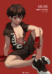Rule 34 | 1boy, black footwear, black hair, black shorts, closed mouth, commentary request, gloves, hair between eyes, highres, jacket, kemono jihen, kusaka kabane, large pectorals, male focus, mosi l, pectorals, red background, red eyes, red gloves, shoes, shorts, simple background, stomach, unzipped