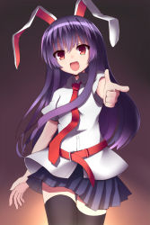 Rule 34 | 1girl, :d, animal ears, bad id, bad pixiv id, black thighhighs, cowboy shot, gradient background, long hair, looking at viewer, miya (tokumei), necktie, open mouth, pleated skirt, pointing, pointing at viewer, purple hair, rabbit ears, red eyes, red necktie, reisen udongein inaba, revision, school uniform, simple background, skirt, smile, solo, thighhighs, touhou, zettai ryouiki