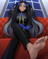 Rule 34 | 1girl, barefoot, black hair, black jacket, black pants, blue eyes, blue gloves, blue shirt, buttons, commentary request, couch, creatures (company), dark-skinned female, dark skin, feet, from below, game freak, geeta (pokemon), gloves, grin, highres, indoors, interlocked fingers, jacket, long hair, long sleeves, looking down, min (myna8247), neck ribbon, nintendo, own hands together, pants, pokemon, pokemon sv, ribbon, shirt, sitting, smile, soles, solo, teeth, toes, window, yellow ribbon