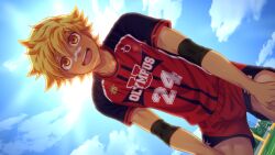 Rule 34 | 1boy, armband, bandaid, bandaid on face, bandaid on nose, black armband, blonde hair, blue sky, cloud, collaboration, dutch angle, furrowed brow, highres, jock studio (blits games), leo mendez (jock studio), looking up, male focus, mikkoukun, non-web source, official art, open mouth, orange eyes, outdoors, red shirt, red shorts, shade, shirt, short hair, short sleeves, shorts, sky, smile, solo, teeth, tongue, upper teeth only, variant set, zamius