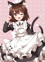 Rule 34 | 1girl, ;d, alternate costume, animal ear fluff, animal ear piercing, animal ears, apron, arm up, black dress, blush, brown eyes, brown hair, cat ears, cat tail, chen, commentary request, dress, earrings, enmaided, frills, hair between eyes, hand up, happy, highres, jewelry, juliet sleeves, long sleeves, maid, maid headdress, medium hair, multiple tails, nekomata, one eye closed, open mouth, paw pose, petticoat, pink background, polka dot, polka dot background, puffy sleeves, ruu (tksymkw), single earring, smile, solo, tail, touhou, two tails, white apron