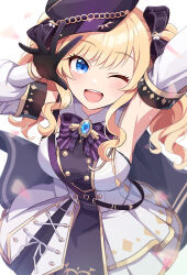 Rule 34 | 1girl, ;d, arm up, armpits, black bow, black bowtie, black hat, blonde hair, blue eyes, blush, bow, bowtie, breasts, buttons, detached sleeves, double-breasted, gem, hand up, hat, idolmaster, idolmaster cinderella girls, idolmaster cinderella girls starlight stage, large breasts, long hair, looking at viewer, ohtsuki yui, one eye closed, open mouth, sakura ran, smile, solo, teeth