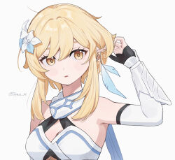 Rule 34 | 1girl, arm up, bare shoulders, blonde hair, blue feathers, blush stickers, breasts, cleavage, commentary request, detached sleeves, dress, earrings, feather earrings, feathers, genshin impact, highres, jewelry, light blush, looking at viewer, lumine (genshin impact), medium breasts, q (oshikuraq), short hair with long locks, sidelocks, simple background, sleeveless, sleeveless dress, solo, upper body, white background, white dress, yellow eyes