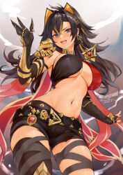 Rule 34 | 1girl, black gloves, black hair, black shorts, blonde hair, blue eyes, blush, breasts, dated, dehya (genshin impact), earrings, elbow gloves, from below, genshin impact, gloves, highres, jewelry, large breasts, long hair, looking at viewer, looking down, multicolored hair, navel, open mouth, revision, short shorts, shorts, signature, smile, solo, stomach, streaked hair, thigh strap, toyoman