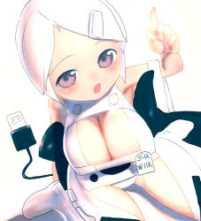 Rule 34 | 1girl, bad id, bad pixiv id, breasts, cleavage, electric plug, electrical outlet, electrical outlet, hair ornament, hairclip, large breasts, original, pink eyes, pointing, rondo bell, short hair, sitting, solo, white hair