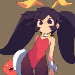 Rule 34 | 1boy, 1girl, :&lt;, animal ears, arm behind back, ashley (warioware), bare shoulders, black hair, black pantyhose, blank eyes, blush, bow, bowtie, closed mouth, collarbone, colored skin, covered navel, cowboy shot, demon boy, detached collar, fake animal ears, flat chest, hairband, holding, holding tray, horns, leaning back, leotard, light blush, long hair, looking at viewer, metata, nintendo, nose blush, outline, pantyhose, playboy bunny, purple background, rabbit ears, red (warioware), red leotard, red skin, sidelocks, simple background, skull, solo focus, standing, strapless, strapless leotard, sweat, swept bangs, tray, twintails, v-shaped eyebrows, warioware, white eyes, wrist cuffs, yellow bow, yellow bowtie, yellow hairband