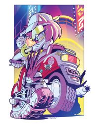 Rule 34 | 1girl, alternate costume, amy rose, animal ears, eyelashes, gloves, hand on handle, hat, hedgehog ears, highres, looking at viewer, looking back, midriff, motor vehicle, motorcycle, omochao, pink fur, rainbow, sega, shoes, sneakers, solo, sonic (series), sticker, sunglasses, tracy yardley, wheel, white gloves, white hat