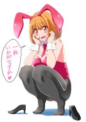 Rule 34 | 1girl, animal ears, bad id, bad pixiv id, bare shoulders, between breasts, black footwear, black pantyhose, blush, body blush, breasts, cleavage, detached collar, fake animal ears, feet, full body, hands on own face, high heels, highres, leotard, looking at viewer, necktie, open mouth, original, pantyhose, pink necktie, playboy bunny, rabbit ears, shoes, unworn shoes, short hair, short necktie, solo, speech bubble, squatting, white background, wrist cuffs, yoxtut
