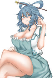 Rule 34 | 1girl, absurdres, blue dress, blue eyes, blue hair, blush, breasts, cleavage, closed mouth, crossed legs, dress, drill hair, drill sidelocks, feet out of frame, frills, hair between eyes, hair ornament, hair rings, hair stick, hand up, highres, kaku seiga, kuraki, large breasts, long hair, looking at viewer, sidelocks, simple background, sitting, smile, solo, thighs, touhou, white background