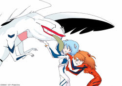 Rule 34 | 2girls, :o, angel (evangelion), ass, ayanami rei, blue eyes, blue hair, blush, bodysuit, bracer, breasts, company name, cowboy shot, from side, gainaxtop, gloves, grin, hair between eyes, hair ornament, hand on another&#039;s back, hand on another&#039;s shoulder, headpat, hiding, interface headset, leaning forward, licking, licking another&#039;s face, long hair, mass production eva, multiple girls, neon genesis evangelion, one eye closed, open mouth, orange hair, pilot suit, plugsuit, red eyes, red hair, scared, short hair, simple background, skinny, small breasts, smile, souryuu asuka langley, sweat, sweatdrop, tongue, tongue out, two side up, uramoto yuuko, white background, wings, wink