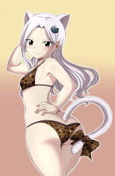 Rule 34 | 1girl, absurdres, animal ears, animal print, ass, bikini, bow, brown eyes, cat ears, cat tail, charle (fairy tail), cowboy shot, dimples of venus, dmayaichi, fairy tail, female focus, from behind, hair ornament, hand on own hip, highres, looking at viewer, looking back, simple background, solo, standing, swimsuit, tail, thighs, tsurime, white hair