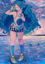Rule 34 | 1girl, argyle, arm warmers, armpit peek, bandaid, bandaid on face, bandaid on nose, bead bracelet, beads, black shorts, blue bow, blue eyes, blue hair, blue socks, bow, bracelet, bubble tea, camisole, cloud, cloudy sky, commentary, curly hair, dolphin print, drink, drinking straw, english commentary, eyelashes, footwear ribbon, full body, hair bow, hair ornament, hair ribbon, hairclip, high ponytail, holding, holding drink, hoshi-pan, jewelry, long hair, looking at viewer, making-of available, mountainous horizon, necklace, ocean, one eye closed, open mouth, original, outdoors, ribbon, rock, seashell, shell, shell necklace, shoes, shorts, single arm warmer, sky, smile, sneakers, socks, star (symbol), star necklace, sunlight, sunrise, tank top, teeth, two-tone shorts, v, very long hair, waist ribbon, white camisole, white shorts, white tank top, yellow footwear, yellow ribbon