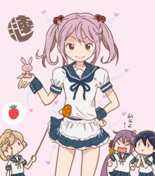 Rule 34 | &gt; &lt;, 10s, 4girls, ahoge, akebono (kancolle), animal, animal on hand, apron, bandaid, bandaid on face, bell, black hair, bow, chibi, closed eyes, clothes lift, commentary request, flower, food, fruit, hair bell, hair bobbles, hair flower, hair ornament, hand on own hip, hand up, heart, kantai collection, light brown hair, long hair, looking at viewer, multiple girls, oboro (kancolle), own hands together, pink background, pink eyes, pink hair, pleated skirt, pointer, purple hair, rabbit, rabbit hair ornament, saiguchi otoufu, sazanami (kancolle), sazanami kai (kancolle), school uniform, serafuku, short hair, short sleeves, side ponytail, sidelocks, sketch, skirt, skirt lift, smile, strawberry, translation request, twintails, ushio (kancolle), wrist cuffs
