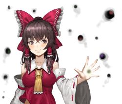 Rule 34 | 1girl, absurdres, bow, breasts, brown eyes, brown hair, c2h6o, closed mouth, collarbone, collared shirt, detached sleeves, frilled bow, frilled hair tubes, frills, hair between eyes, hair bow, hair tubes, hakurei reimu, highres, long hair, long sleeves, looking at viewer, medium breasts, ponytail, print bow, red bow, red shirt, ribbon-trimmed sleeves, ribbon trim, shirt, sleeveless, sleeveless shirt, smile, solo, standing, touhou, upper body, white background, white sleeves, wide sleeves, wing collar, yellow neckwear