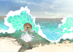 Rule 34 | 1girl, artist name, beach, blonde hair, clenched hands, commentary request, day, demizu posuka, dress, closed eyes, full body, hat, long hair, open mouth, original, outdoors, sandals, sleeveless, sleeveless dress, solo, sparkle, straw hat, water, waves, white dress