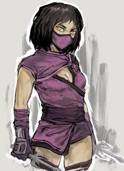 1girl black_hair breasts cleavage commentary cowboy_shot dagger gloves goushen0309 highres holding holding_dagger holding_knife holding_weapon knife looking_at_viewer mask mileena_(mortal_kombat) mortal_kombat_(series) mortal_kombat_11 mouth_mask ninja_mask purple_gloves purple_tunic sai_(weapon) short_bangs short_hair slit_pupils small_breasts solo tunic weapon yellow_eyes