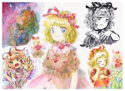 Rule 34 | 1girl, blonde hair, blue eyes, bow choker, brown shirt, choker, closed mouth, flower, hair ribbon, lily of the valley, medicine melancholy, medinki, official style, painting (medium), pink skirt, puffy short sleeves, puffy sleeves, red choker, red ribbon, ribbon, shirt, short hair, short sleeves, skirt, smile, su-san, touhou, traditional media, watercolor (medium), zun (style)