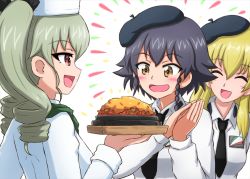 Rule 34 | 10s, 3girls, :d, anchovy (girls und panzer), anzio school uniform, beret, black hair, black hat, black ribbon, blonde hair, blush, braid, brown eyes, carpaccio (girls und panzer), chef, chef hat, closed eyes, commentary, dress shirt, drill hair, emblem, emphasis lines, food, girls und panzer, green hair, green neckerchief, hair ribbon, happy, hat, holding, holding food, jacket, long hair, long sleeves, looking at another, multiple girls, neckerchief, omachi (slabco), open mouth, own hands together, pasta, pepperoni (girls und panzer), plate, red eyes, ribbon, school uniform, shirt, short hair, side braid, smile, standing, tray, twin drills, twintails, white hat, white jacket, white shirt