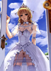 Rule 34 | 1girl, armpits, bare shoulders, blonde hair, blue sky, bottomless, breasts, bride, cleavage, cowboy shot, crown, day, door, dress, exhibitionism, female pubic hair, garter belt, gown, hat, hidari (left side), jpeg artifacts, lace, lace-trimmed legwear, lace trim, lingerie, medium breasts, no panties, open clothes, open skirt, princess, pubic hair, public indecency, pussy, revealing clothes, see-through, skirt, sky, solo, source request, thighhighs, third-party edit, tiara, uncensored, underwear, wedding, wedding dress, white dress, white thighhighs