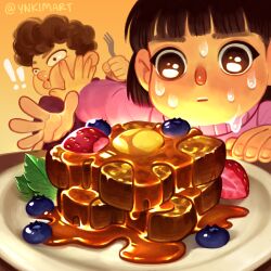 Rule 34 | !, !!, 1boy, 1girl, absurdres, blueberry, bread, brown eyes, brown hair, butter, commentary, curly hair, food, fork, french toast, fruit, highres, holding, holding fork, nicole kim (ynkimart), original, plate, pushing away, pushing face, strawberry, sweat, syrup, turtleneck, twitter username