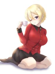 Rule 34 | 1girl, black skirt, black socks, blonde hair, blue eyes, braid, closed mouth, commentary request, cup, darjeeling (girls und panzer), girls und panzer, holding, holding cup, jacket, long sleeves, looking at viewer, military, military uniform, miniskirt, one eye closed, pleated skirt, red jacket, rei (happily-blue-butterfly), shadow, short hair, simple background, sitting, skirt, smile, socks, solo, st. gloriana&#039;s military uniform, teacup, twin braids, uniform, white background, yokozuwari
