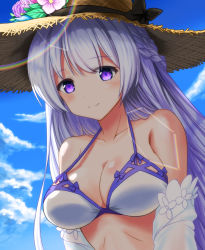 Rule 34 | 1girl, azur lane, bare shoulders, bikini, black ribbon, blue sky, blush, bow, bow bikini, braid, breasts, cleavage, closed mouth, cloud, day, flower, french braid, from below, hair between eyes, halterneck, hat, hat flower, hat ribbon, large breasts, light purple hair, long hair, looking at viewer, off shoulder, official alternate costume, outdoors, purple bow, purple eyes, rainbow, revision, ribbon, rodney (azur lane), rodney (future seaside admiral) (azur lane), shiny skin, sky, smile, solo, strap gap, straw hat, swimsuit, tokisaka ena, upper body