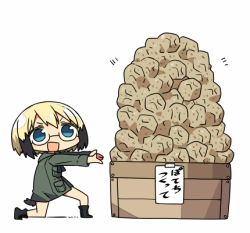 Rule 34 | &gt;:d, 1girl, :d, aqua eyes, blonde hair, box, crate, dog tail, glasses, kanikama, lowres, military, military uniform, multicolored hair, on one knee, open mouth, outstretched arms, potato, simple background, smile, solo, strike witches, strike witches: suomus misfits squadron, tail, two-tone hair, uniform, ursula hartmann, v-shaped eyebrows, white background, world witches series
