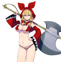 Rule 34 | 1girl, axe, bikini, blonde hair, blue eyes, breasts, cleavage, cowboy shot, detached sleeves, hand on own hip, highres, holding, holding weapon, hood, huge breasts, kouno (masao), little red riding hood, little red riding hood (grimm), long hair, looking at viewer, micro bikini, navel, original, parted lips, simple background, smile, solo, standing, swimsuit, thighs, weapon, white background