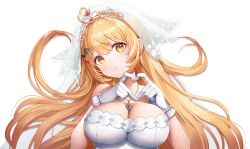Rule 34 | 1girl, absurdres, ahoge, bare shoulders, bat hair ornament, blonde hair, breasts, bridal veil, cleavage, commentary, dress, gloves, hair ornament, hairclip, heart, heart hands, highres, hololive, jewelry, large breasts, long hair, looking at viewer, misyune, necklace, official art, simple background, smile, solo, tiara, upper body, veil, virtual youtuber, wedding dress, white background, white gloves, yellow eyes, yozora mel